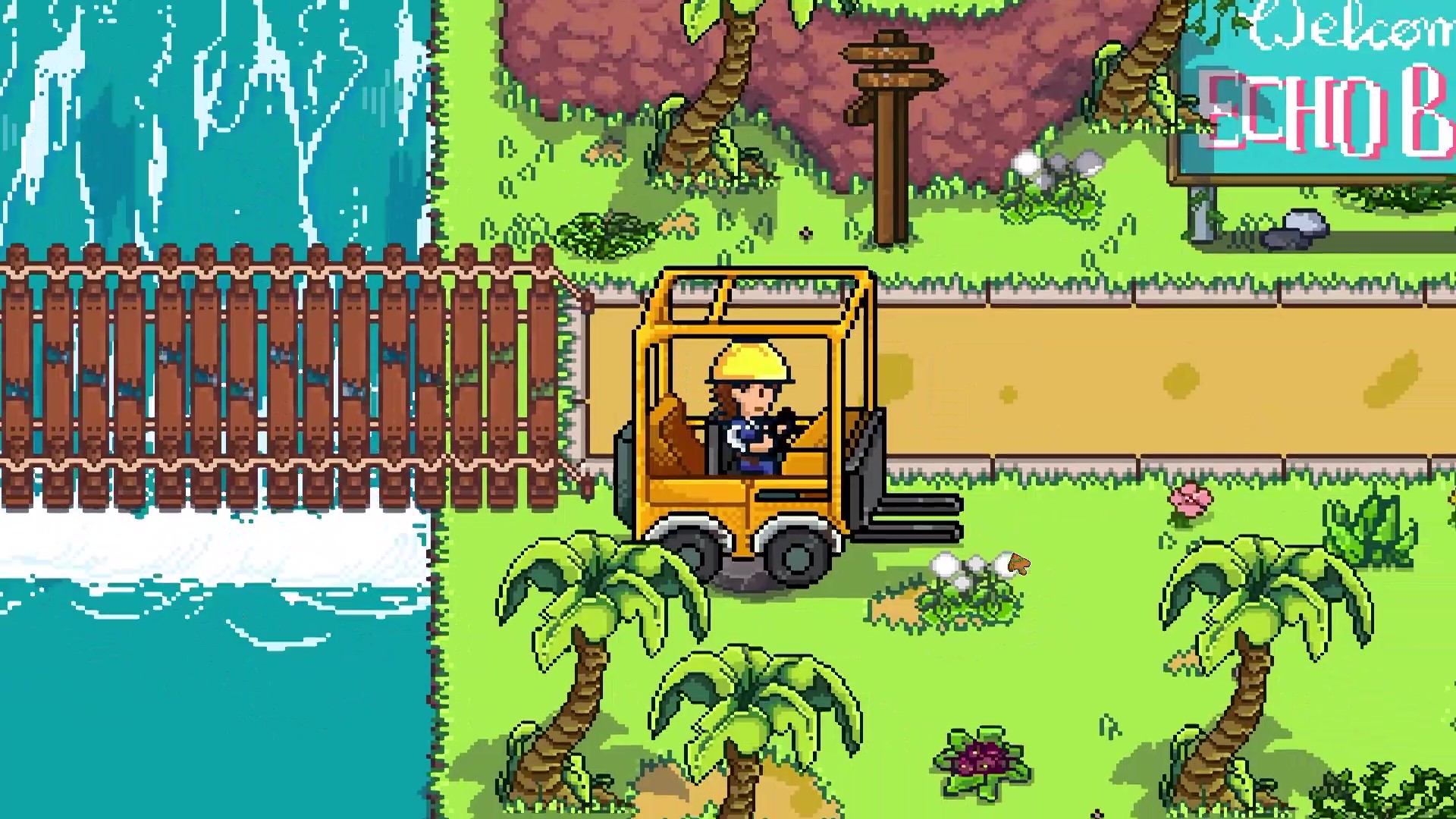 Main character driving a forklift