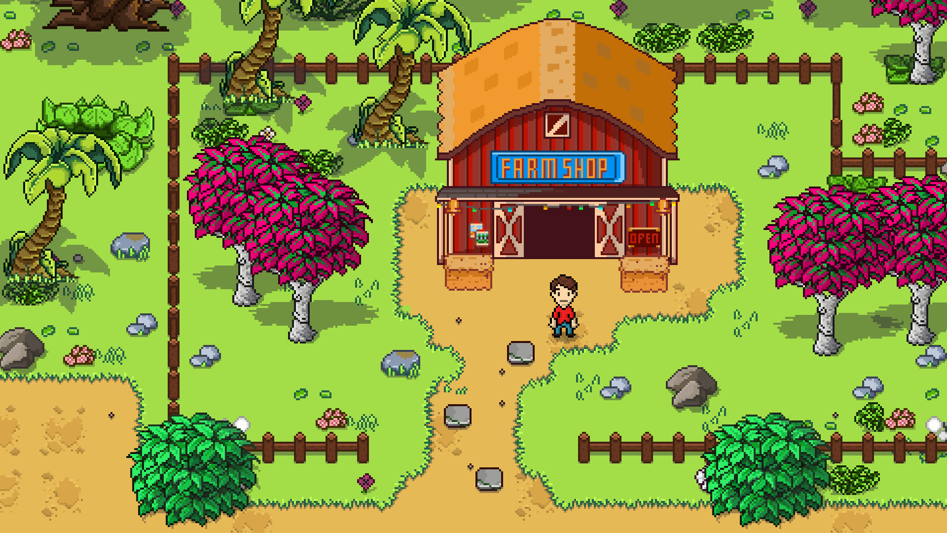 Main character standing by the farm shop