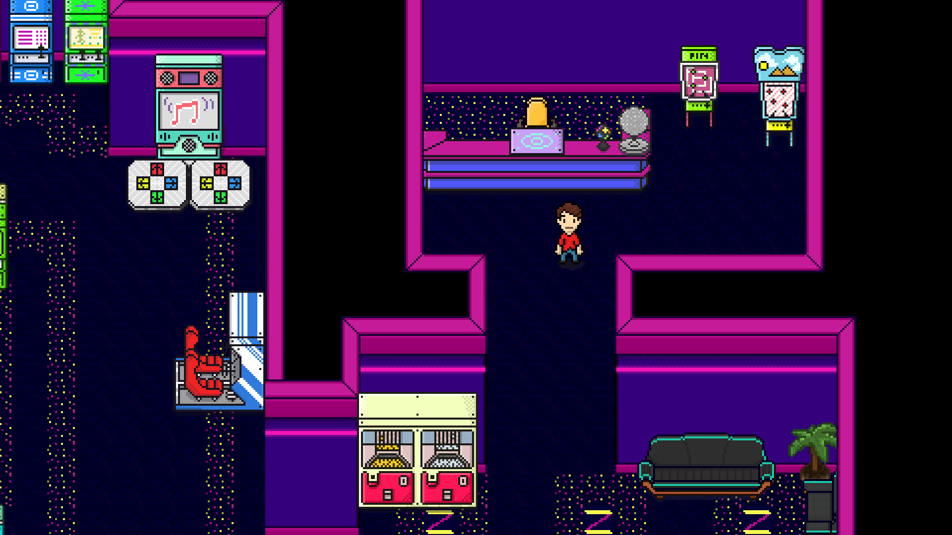 Main character standing in the Arcade