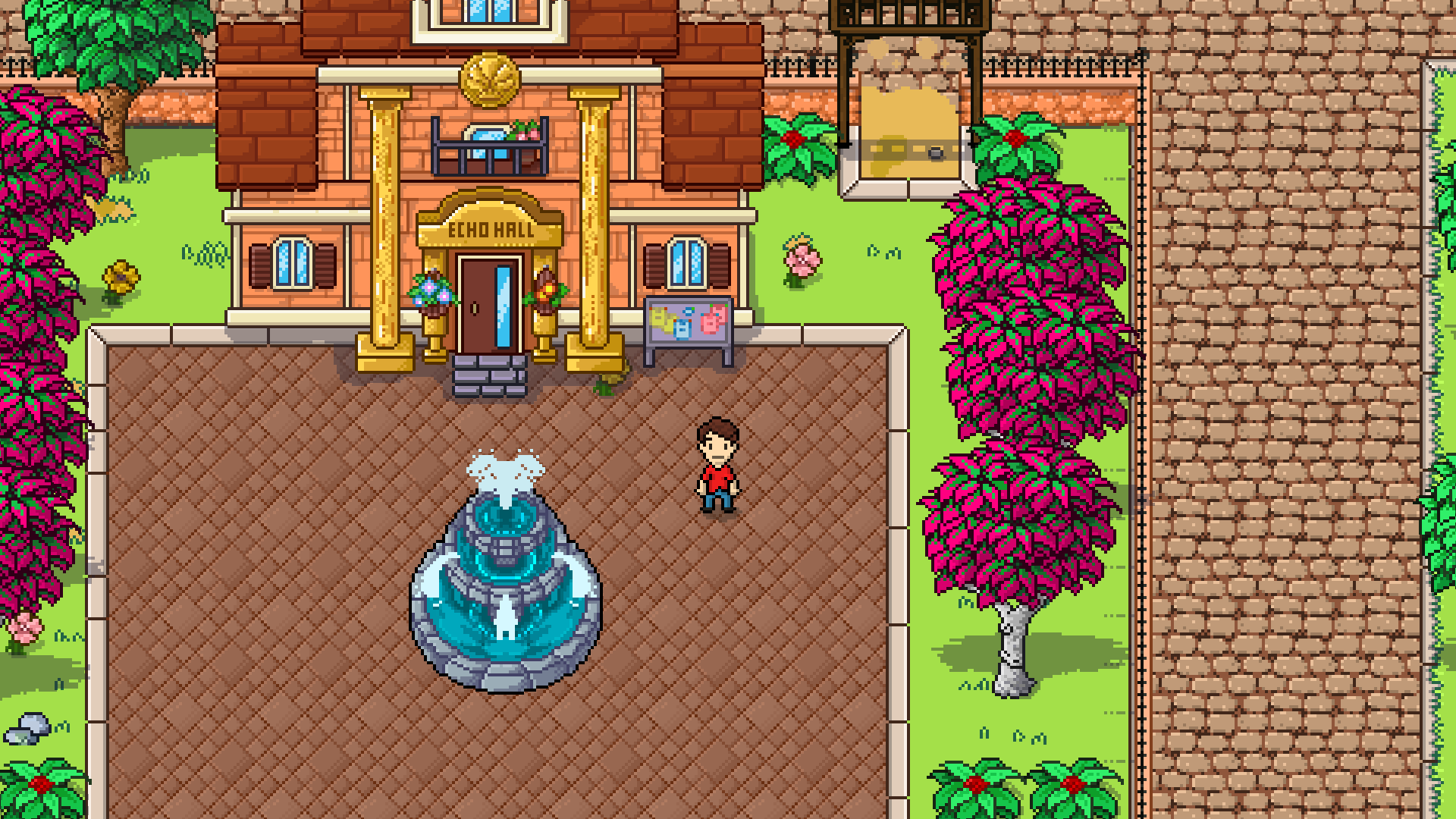Main character standing out side the Echo Hall
