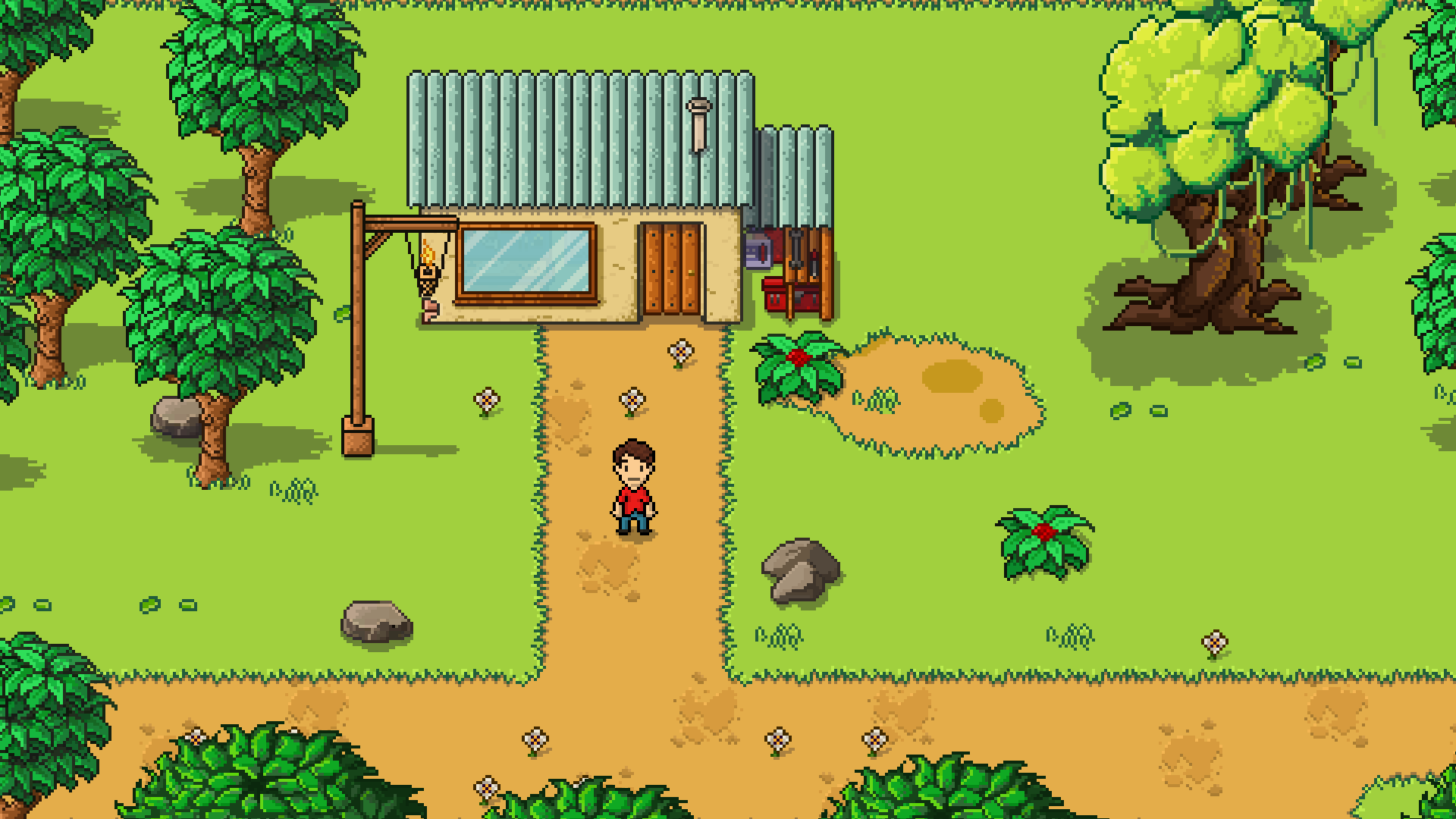 Main character standing outside the workshop